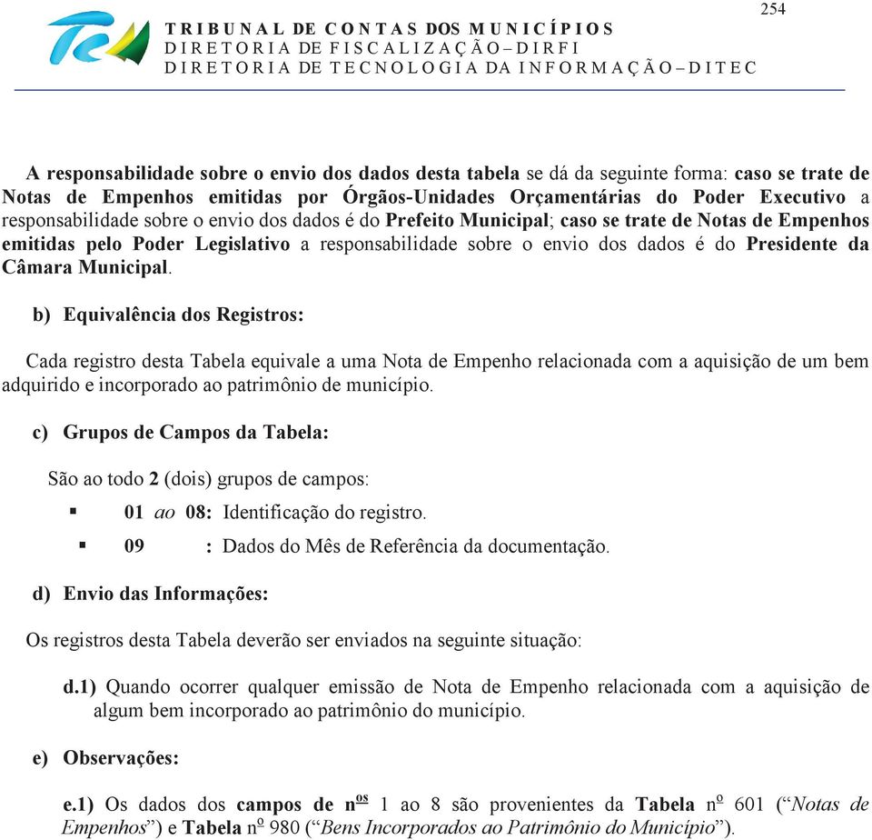 Câmara Municipal. b) Equivalência dos Registros: Cada registro desta Tabela equivale a uma Nota de Empenho relacionada com a aquisição de um bem adquirido e incorporado ao patrimônio de município.