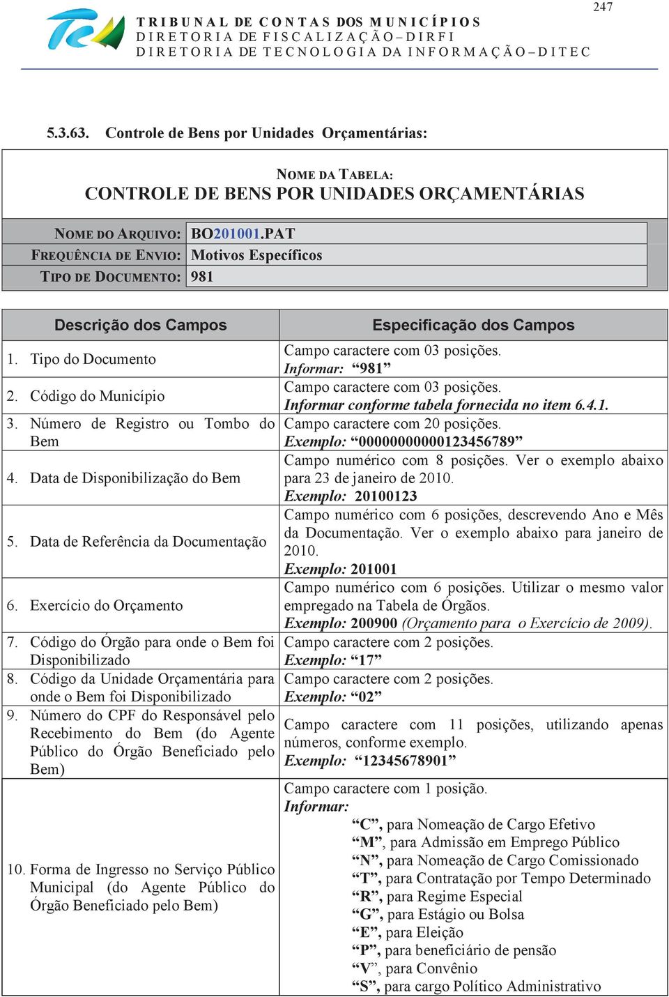 Data de Disponibilização do Bem Campo numérico com 8 posições. Ver o exemplo abaixo para 23 de janeiro de 2010. Exemplo: 20100123 5.