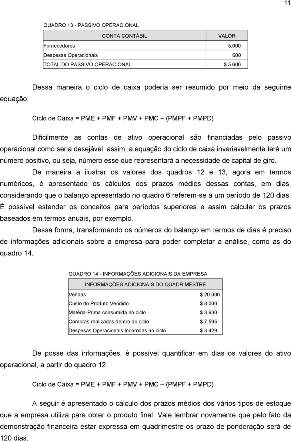 pelo passivo operacional como seria desejável, assim, a equação do ciclo de caixa invariavelmente terá um número positivo, ou seja, número esse que representará a necessidade de capital de giro.