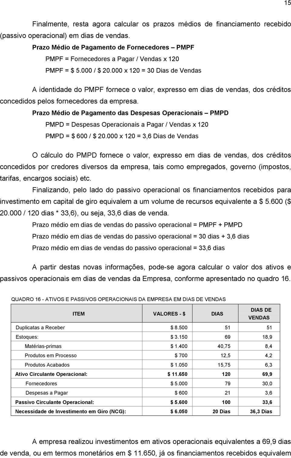 000 x 120 = 30 Dias de Vendas A identidade do PMPF fornece o valor, expresso em dias de vendas, dos créditos concedidos pelos fornecedores da empresa.