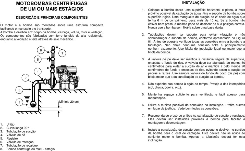 3 4 2 1. União 2. Curva longa 90 3. Tubulação de sucção 4. Válvula de pé 5. Registro 6. Válvula de retenção 7. Tubulação de recalque 8. Bomba centrifuga ou multi - estágio 5 1 6 7 Mínimo 20 cm.