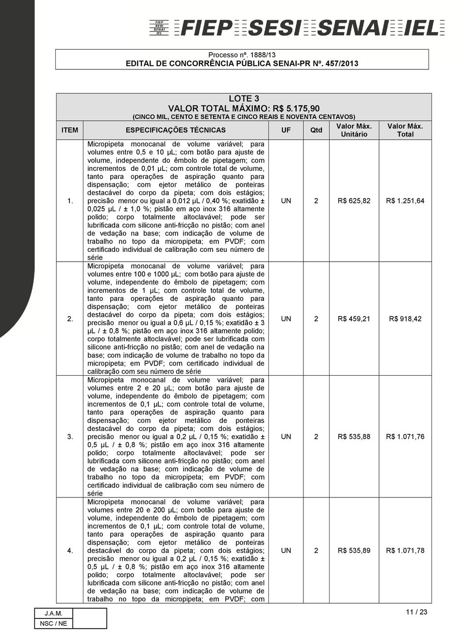 volume, tanto para operações de aspiração quanto para dispensação; com ejetor metálico de ponteiras destacável do corpo da pipeta; com dois estágios; precisão menor ou igual a 0,012 µl / 0,40 %;