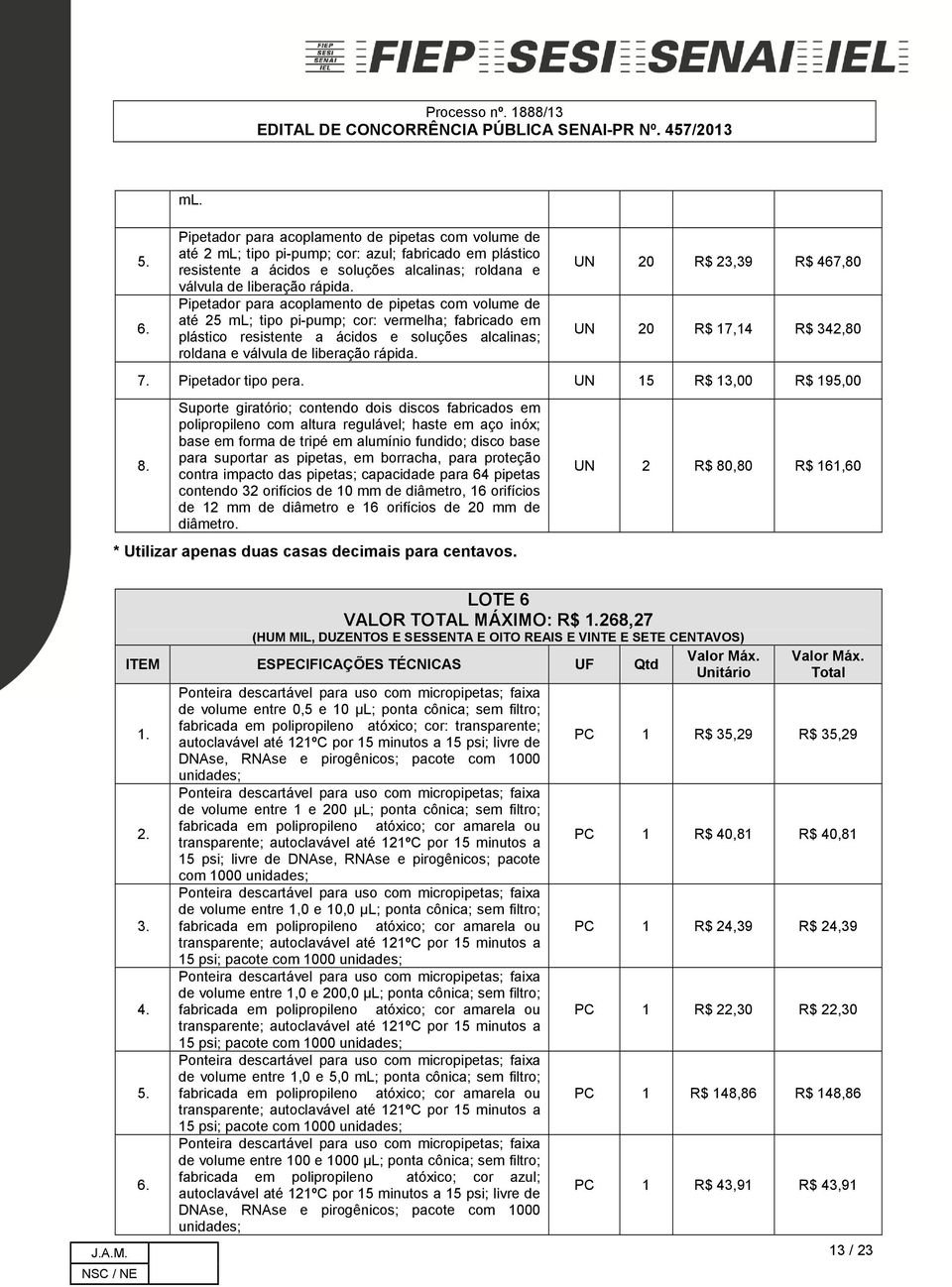 UN 20 R$ 23,39 R$ 467,80 UN 20 R$ 17,14 R$ 342,80 7. Pipetador tipo pera. UN 15 R$ 13,00 R$ 195,00 8.