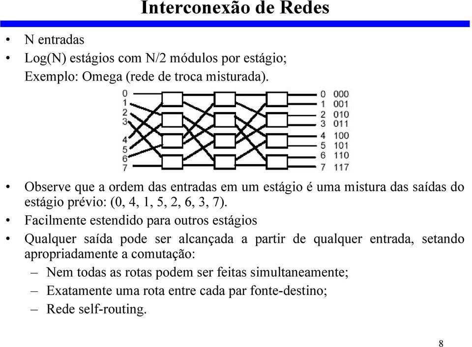 Facilmente estendido para outros estágios Qualquer saída pode ser alcançada a partir de qualquer entrada, setando