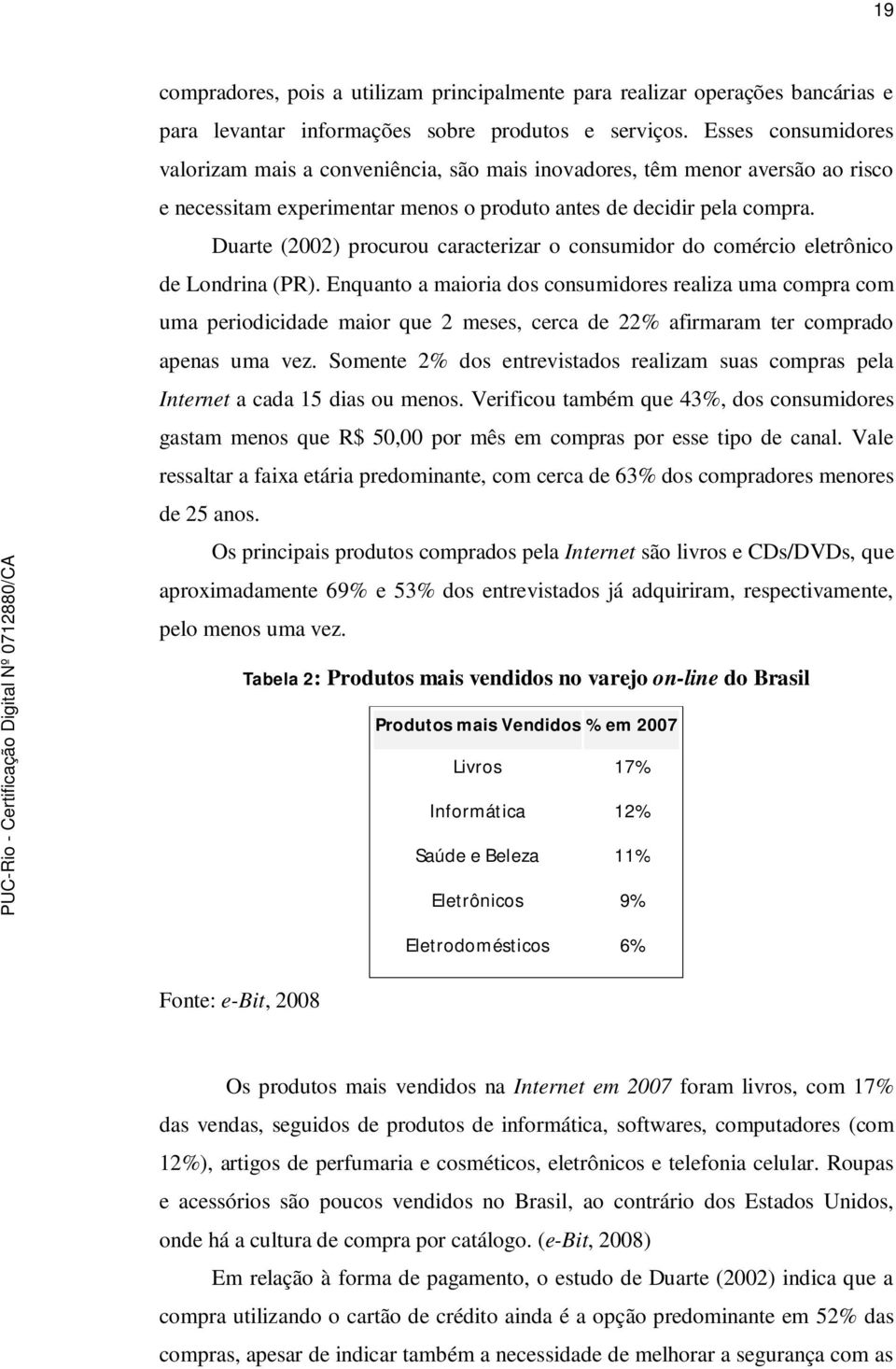 Duarte (2002) procurou caracterizar o consumidor do comércio eletrônico de Londrina (PR).