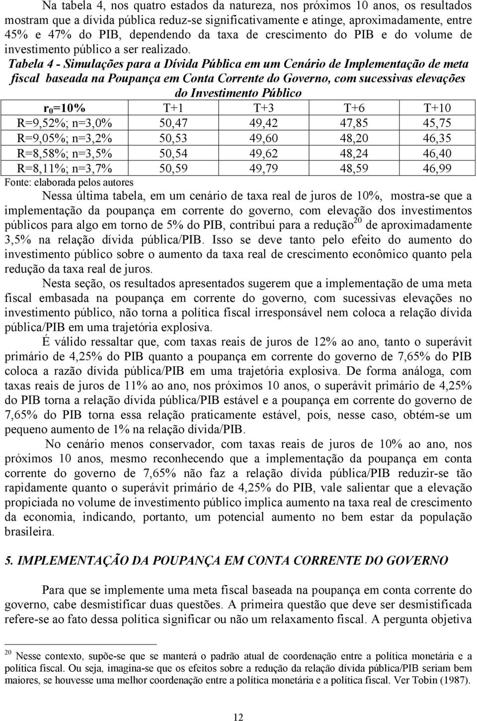 Tabela 4 - Simulações para a Dívida Pública em um Cenário de Implemenação de mea fiscal baseada na Poupança em Cona Correne do Governo, com sucessivas elevações do Invesimeno Público r 0 =10% T+1 T+3