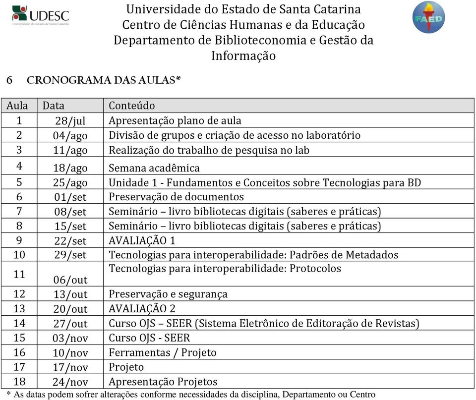 bibliotecas digitais (saberes e práticas) 8 15/set Seminário livro bibliotecas digitais (saberes e práticas) 9 22/set AVALIAÇÃO 1 10 29/set Tecnologias para interoperabilidade: Padrões de Metadados