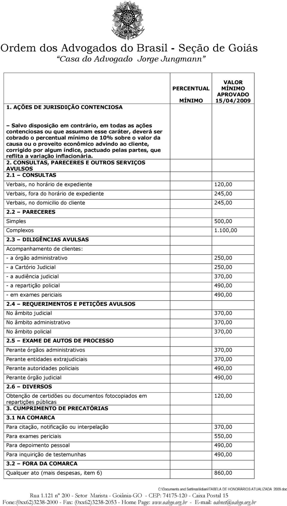 CONSULTAS, PARECERES E OUTROS SERVIÇOS AVULSOS 2.1 CONSULTAS Verbais, no horário de expediente 120,00 Verbais, fora do horário de expediente 245,00 Verbais, no domicilio do cliente 245,00 2.