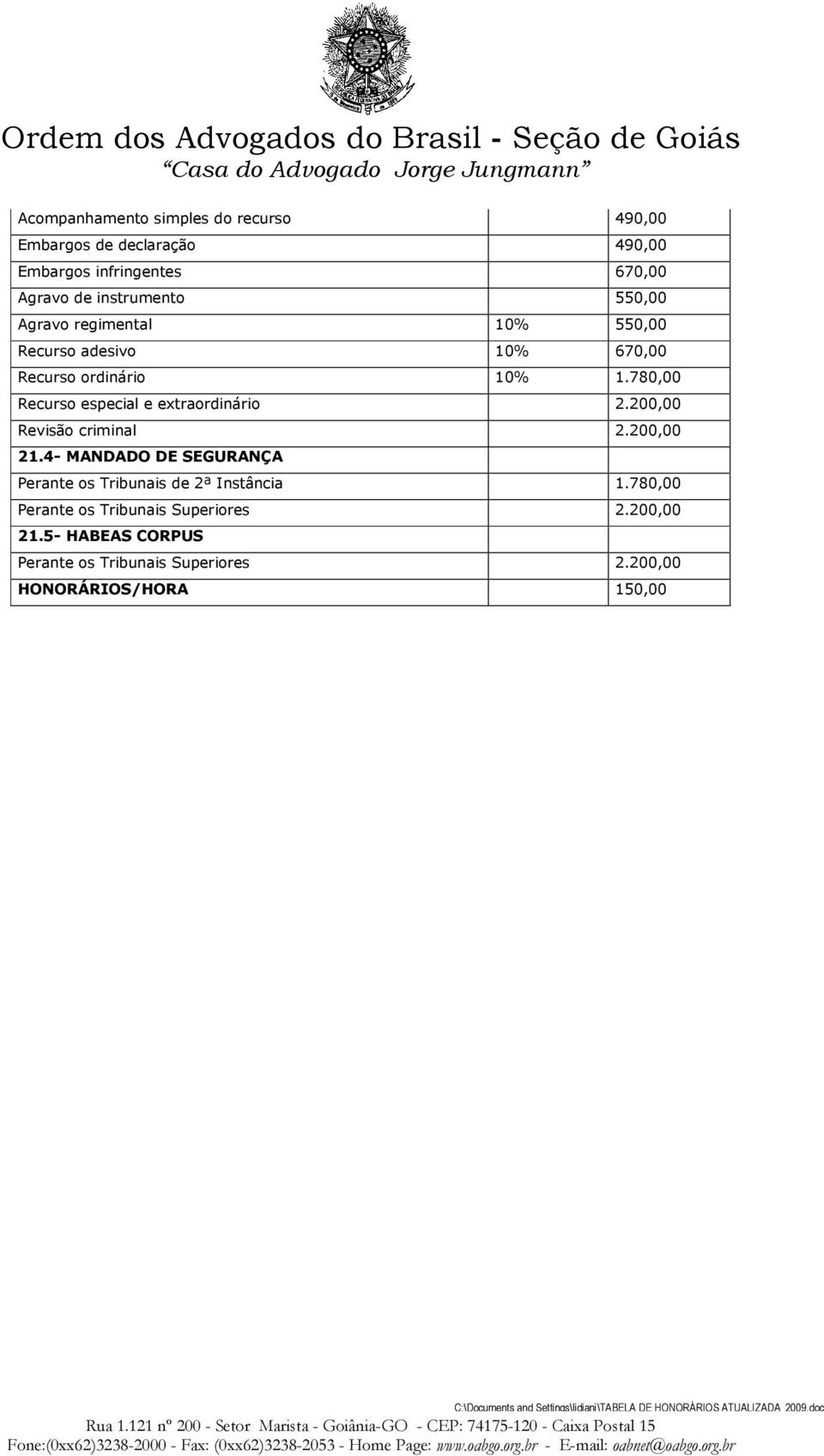 780,00 Recurso especial e extraordinário 2.200,00 Revisão criminal 2.200,00 21.