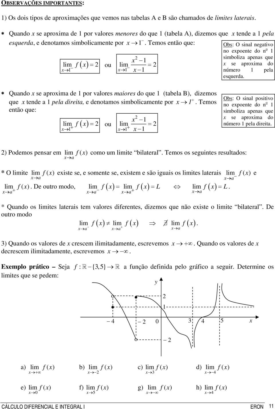 Temos etão que: Obs: O sial egativo o epoete do o simboliza apeas que f ( ) = ou = se aproima do úmero pela esquerda.