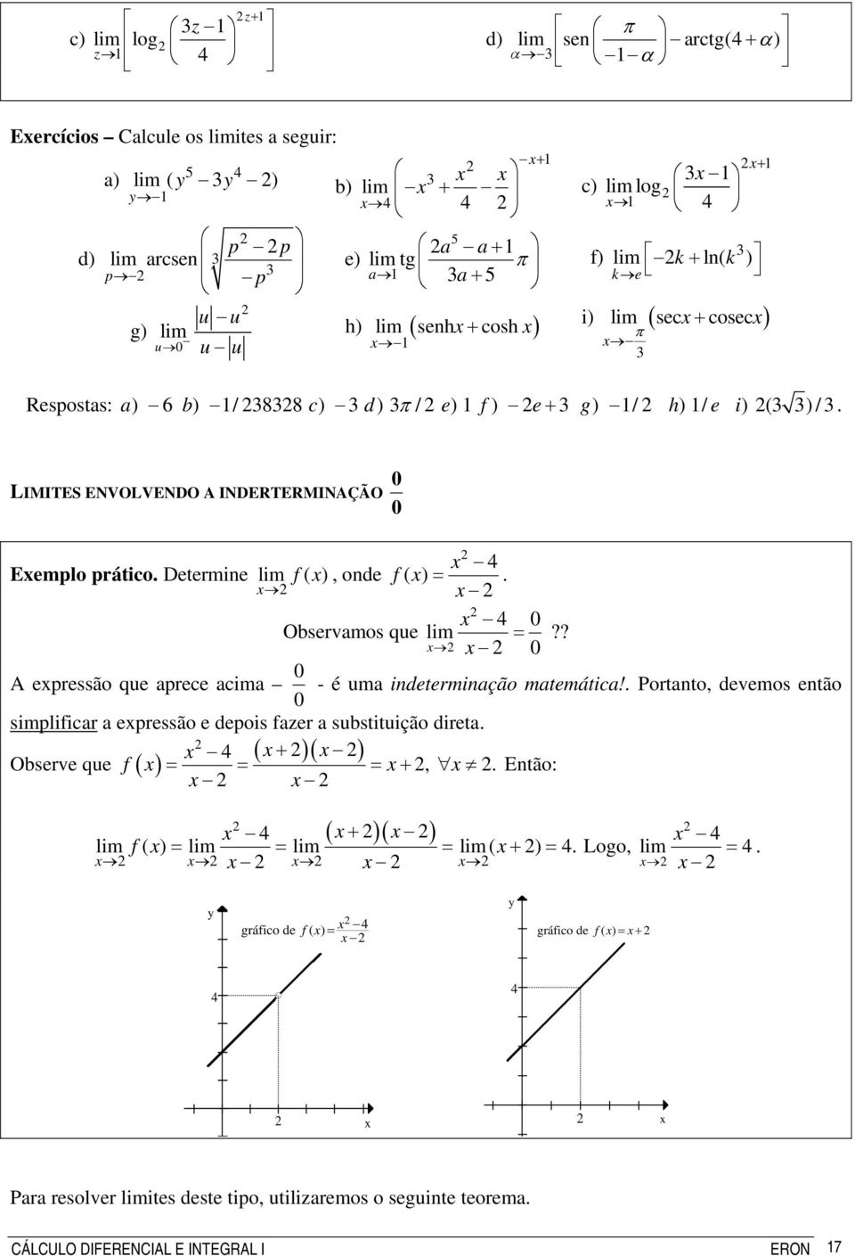 ? A epressão que aprece acima - é uma idetermiação matemática!. Portato, devemos etão simplificar a epressão e depois fazer a substituição direta. ( )( ) Observe que ( ) 4 f = = =,.