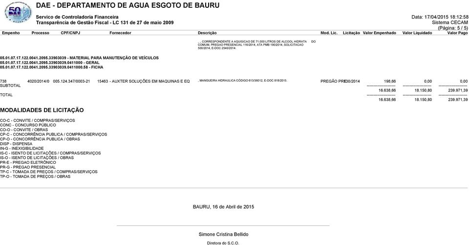 347/0003-21 15463 - AUXTER SOLUÇÕES EM MAQUINAS E EQ, MANGUEIRA HIDRAULICA CÓDIGO 613/36012, E-DOC 818/2015.