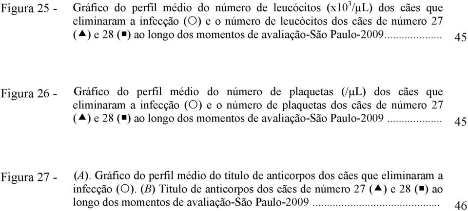 .. 45 Figura 26 - Gráfico do perfil médio do número de plaquetas (/µl) dos cães que eliminaram a infecção ( ) e o número de plaquetas dos cães de número 27 ( ) e 28 .