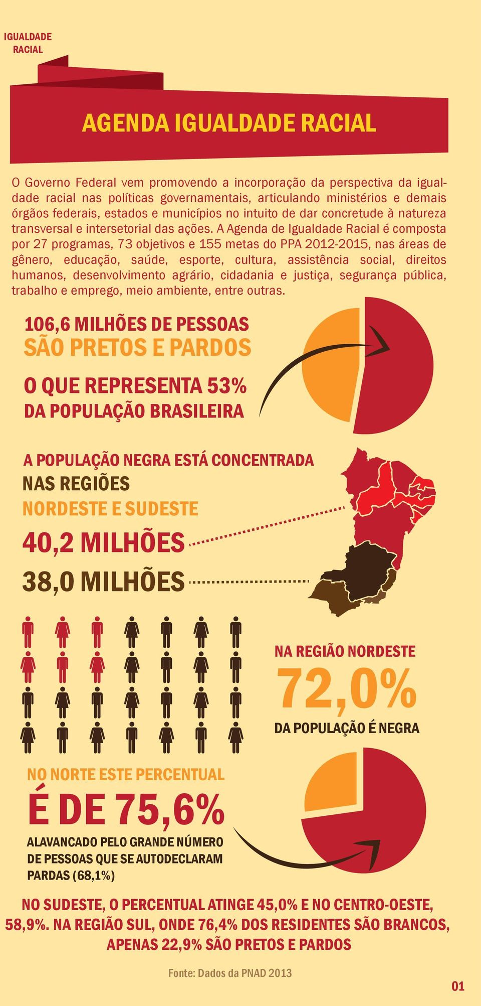 A Agenda de Igualdade Racial é composta por 27 programas, 73 objetivos e 155 metas do PPA 2012-2015, nas áreas de gênero, educação, saúde, esporte, cultura, assistência social, direitos humanos,