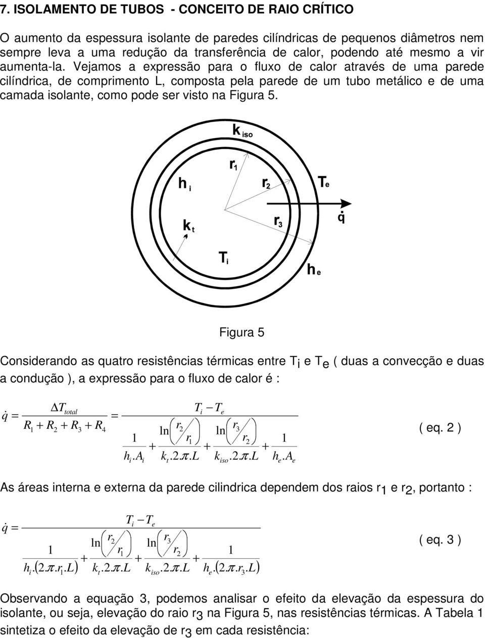 Figura 5 Cnsiderand as quatr resistências térmicas entre T i e T e ( duas a cnvecçã e duas a cnduçã ), a expressã para flux de calr é : q& Tttal R R R R 2 3 4 Ti Te r r 2 3 r r 2 h. A k.2. π. L k.2. π. L h.