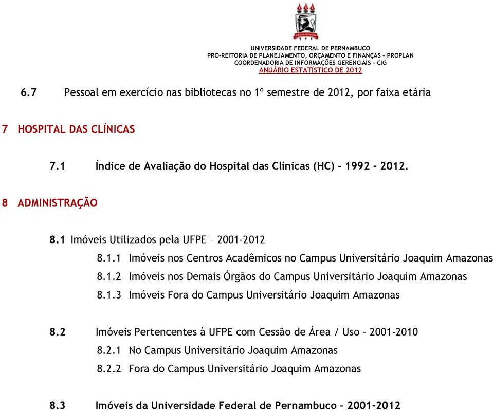 1.2 Imóveis nos Demais Órgãos do Campus Universitário Joaquim Amazonas 8.1.3 Imóveis Fora do Campus Universitário Joaquim Amazonas 8.