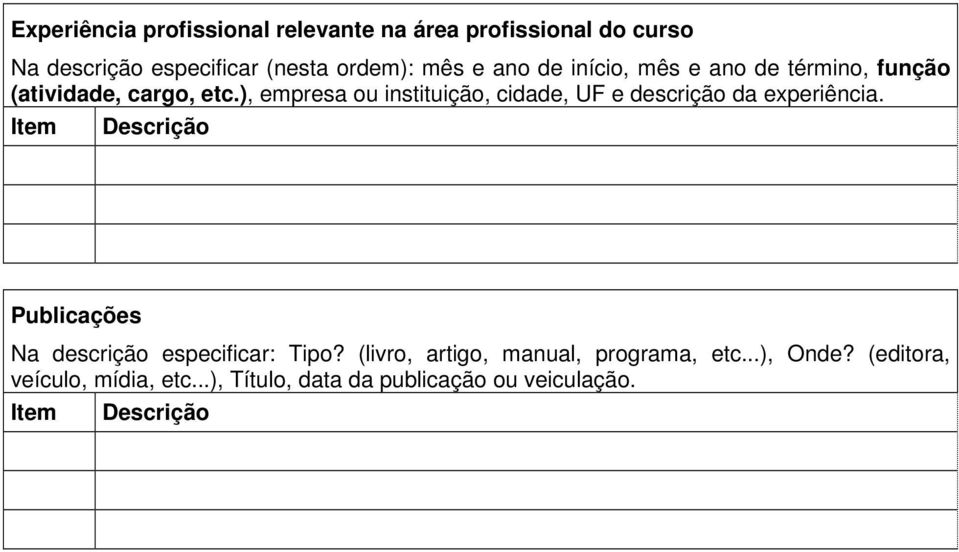 ), empresa ou instituição, cidade, UF e descrição da experiência.