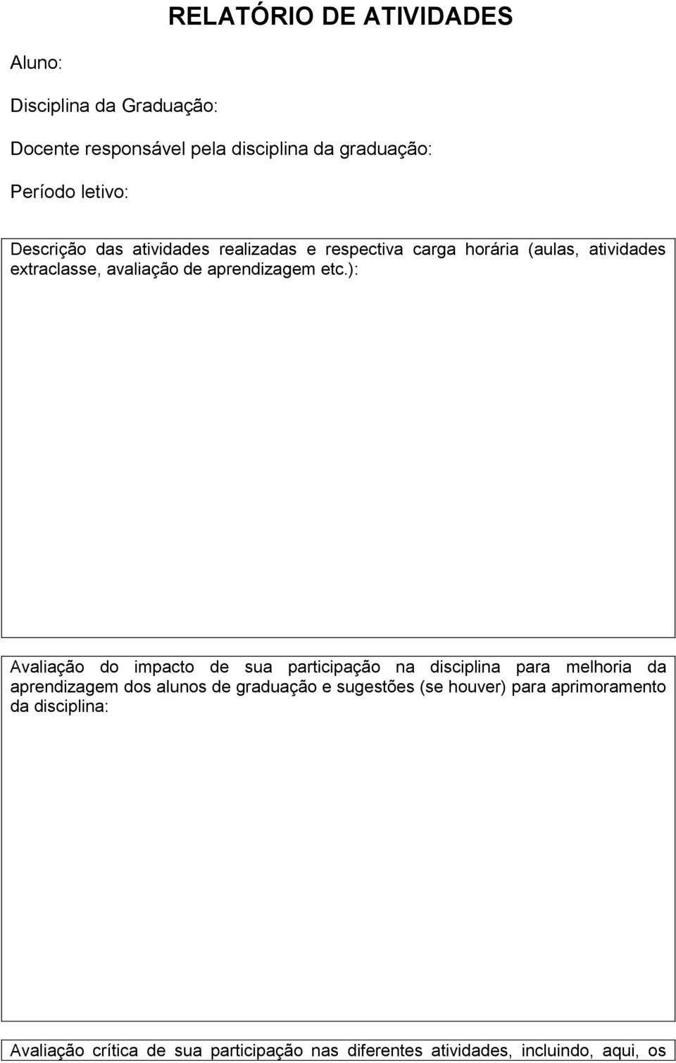 ): Avaliação do impacto de sua participação na disciplina para melhoria da aprendizagem dos alunos de graduação e sugestões