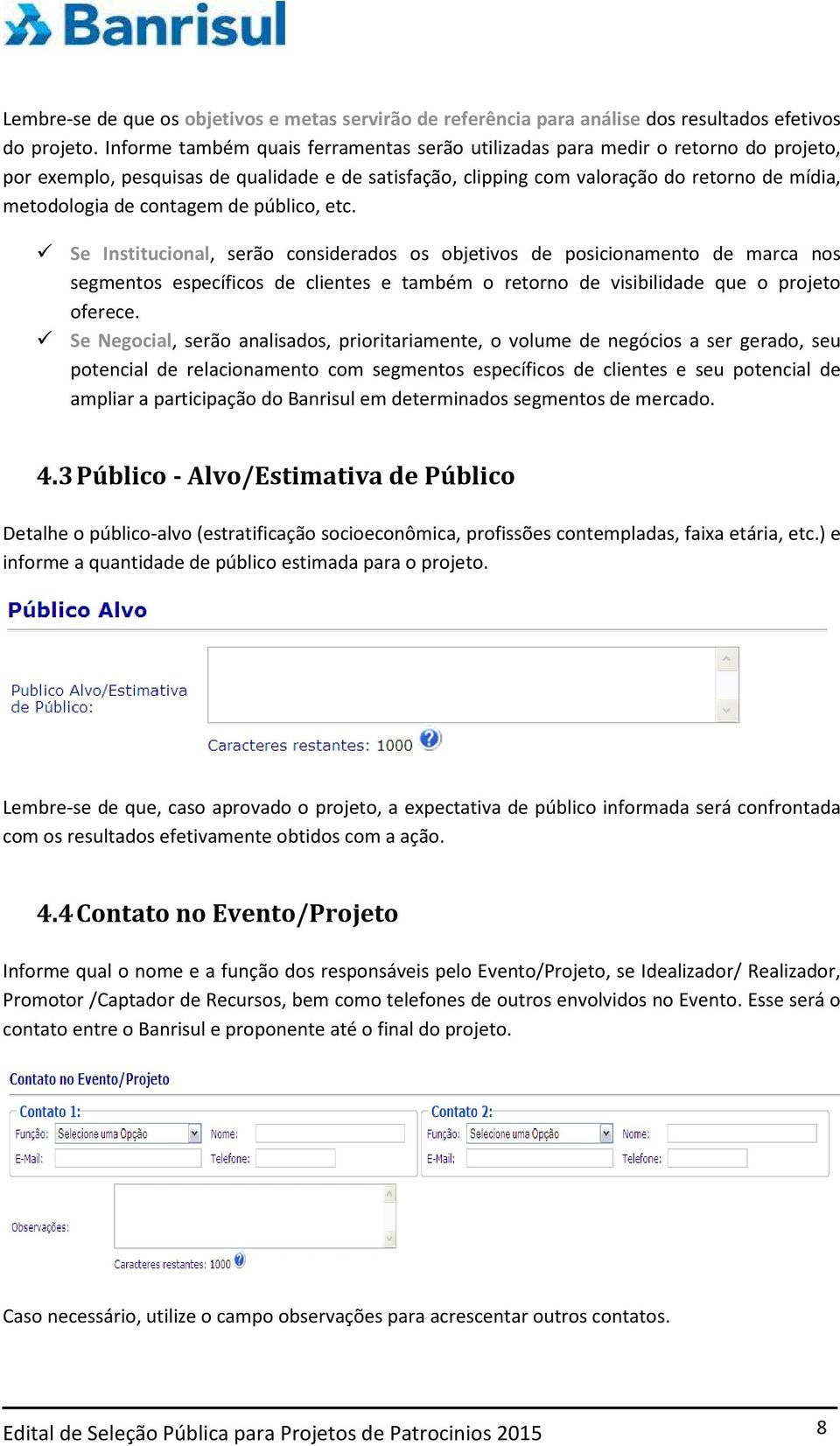 contagem de público, etc. Se Institucional, serão considerados os objetivos de posicionamento de marca nos segmentos específicos de clientes e também o retorno de visibilidade que o projeto oferece.