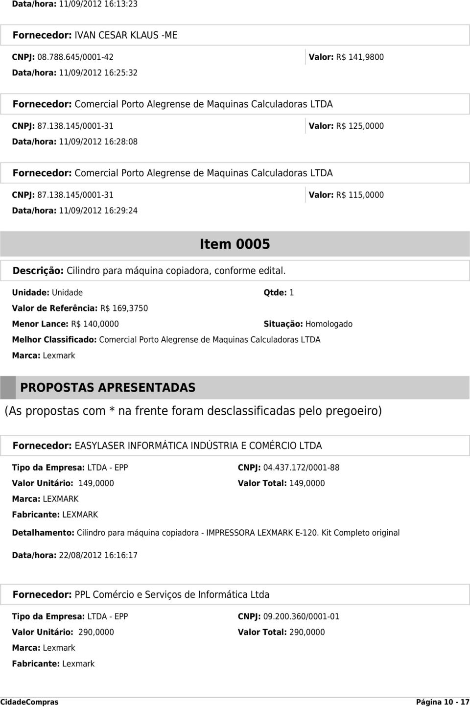 145/0001-31 Valor: R$ 125,0000 Data/hora: 11/09/2012 16:28:08 Fornecedor: Comercial Porto Alegrense de Maquinas Calculadoras LTDA CNPJ: 87.138.