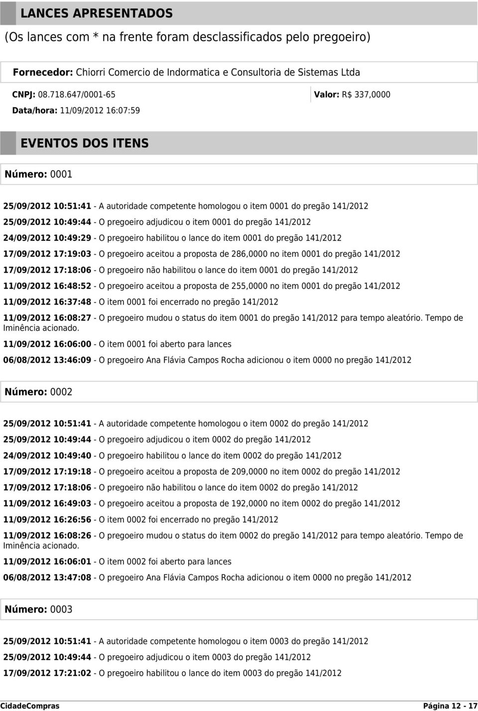 - O pregoeiro adjudicou o item 0001 do pregão 141/2012 24/09/2012 10:49:29 - O pregoeiro habilitou o lance do item 0001 do pregão 141/2012 17/09/2012 17:19:03 - O pregoeiro aceitou a proposta de