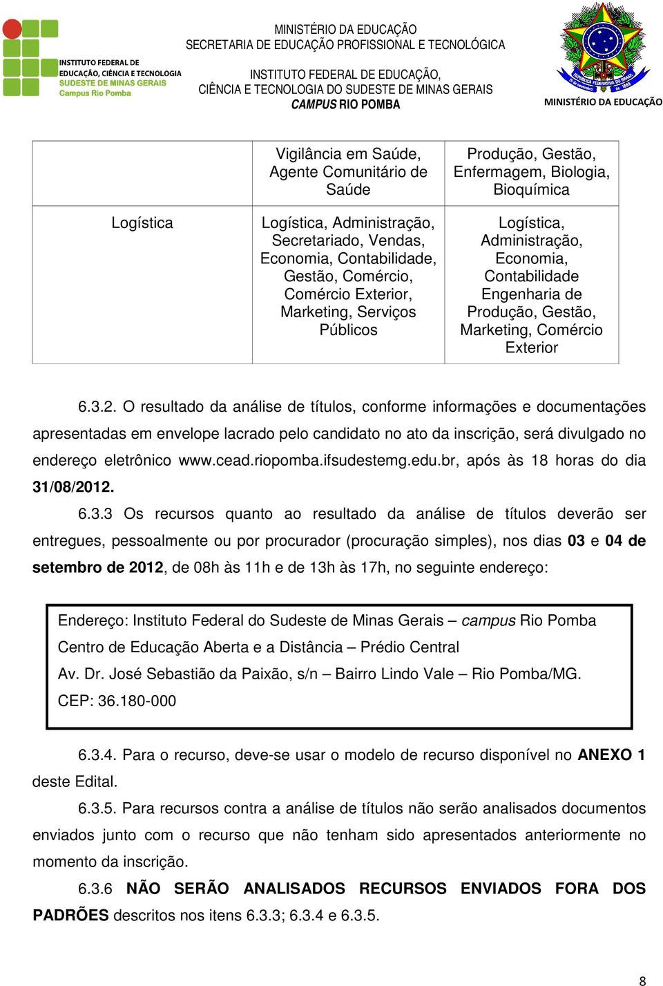 O resultado da análise de títulos, conforme informações e documentações apresentadas em envelope lacrado pelo candidato no ato da inscrição, será divulgado no endereço eletrônico www.cead.riopomba.