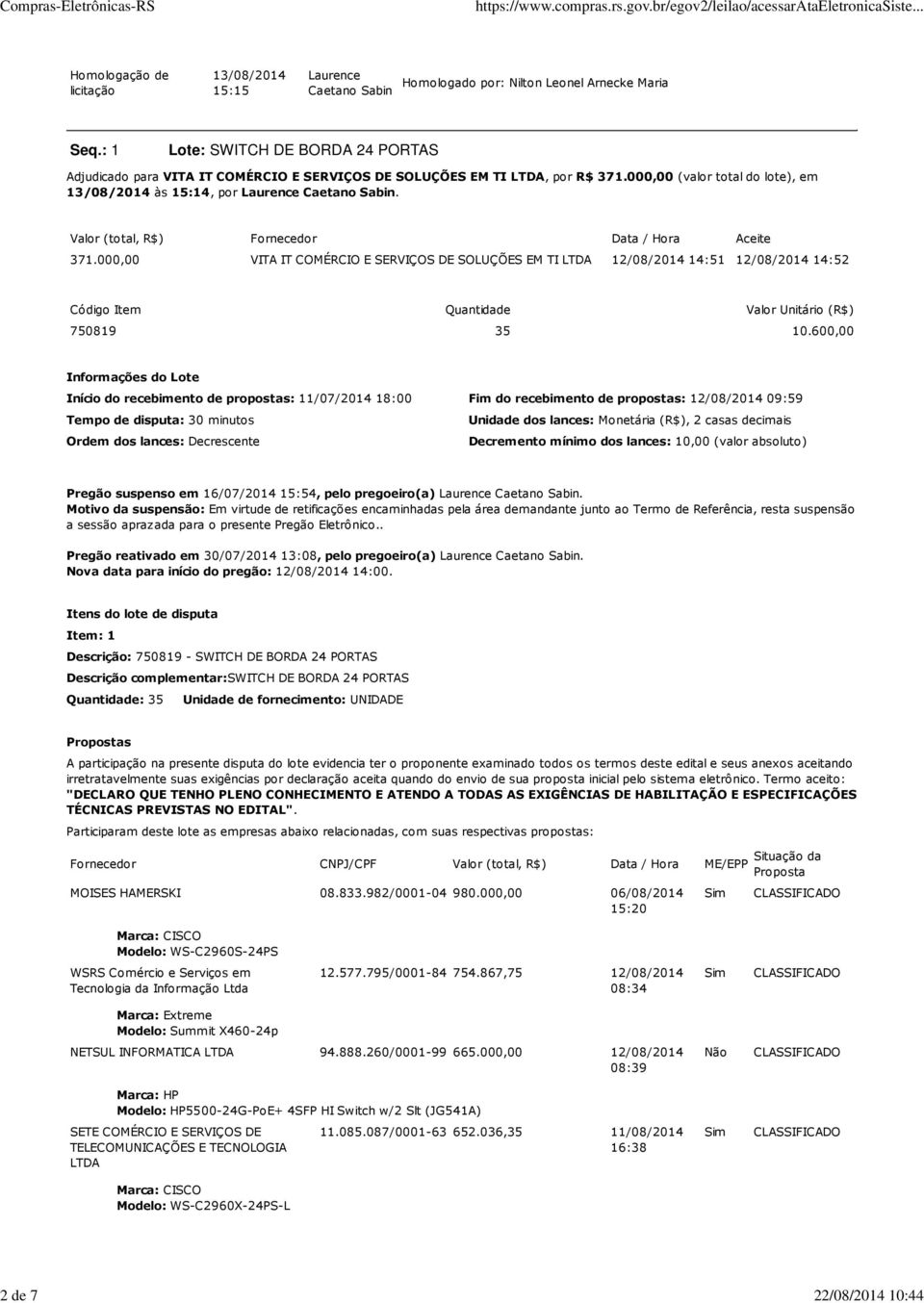 600,00 Informações do Lote Início do recebimento de propostas: 11/07/2014 18:00 Fim do recebimento de propostas: 09:59 Tempo de disputa: 30 minutos Unidade dos lances: Monetária (R$), 2 casas