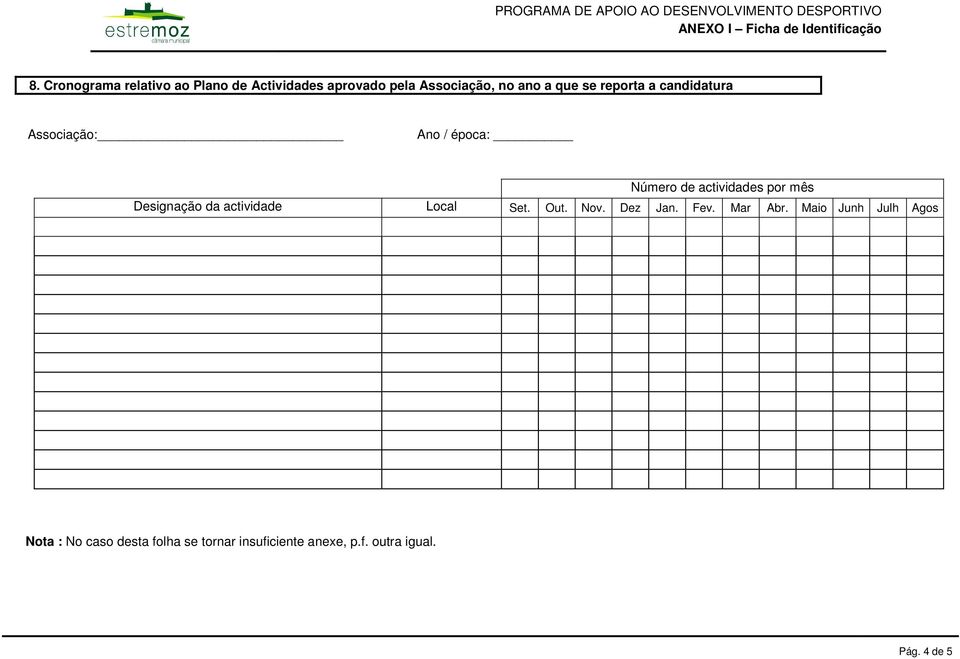 reporta a candidatura Associação: Ano / época: Número de actividades por mês Designação da