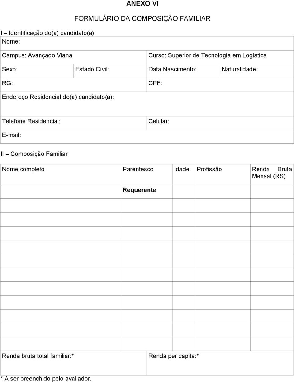 do(a) candidato(a): Telefone Residencial: Celular: E-mail: II Composição Familiar Nome completo Parentesco Idade