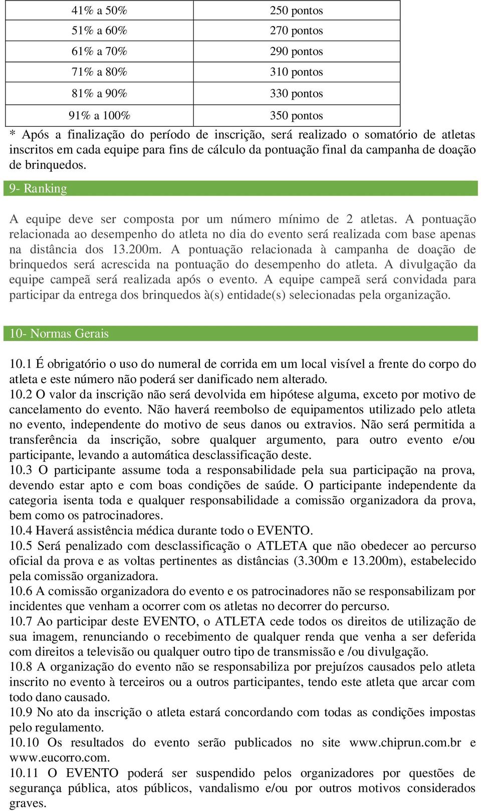 A pontuação relacionada ao desempenho do atleta no dia do evento será realizada com base apenas na distância dos 13.200m.