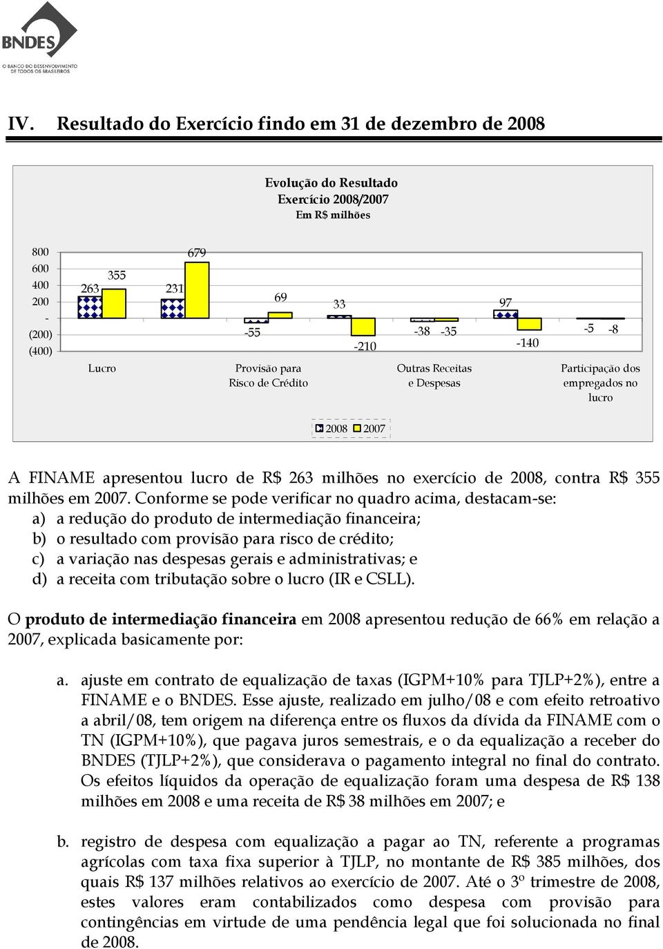 2007. Conforme se pode verificar no quadro acima, destacam-se: a) a redução do produto de intermediação financeira; b) o resultado com provisão para risco de crédito; c) a variação nas despesas