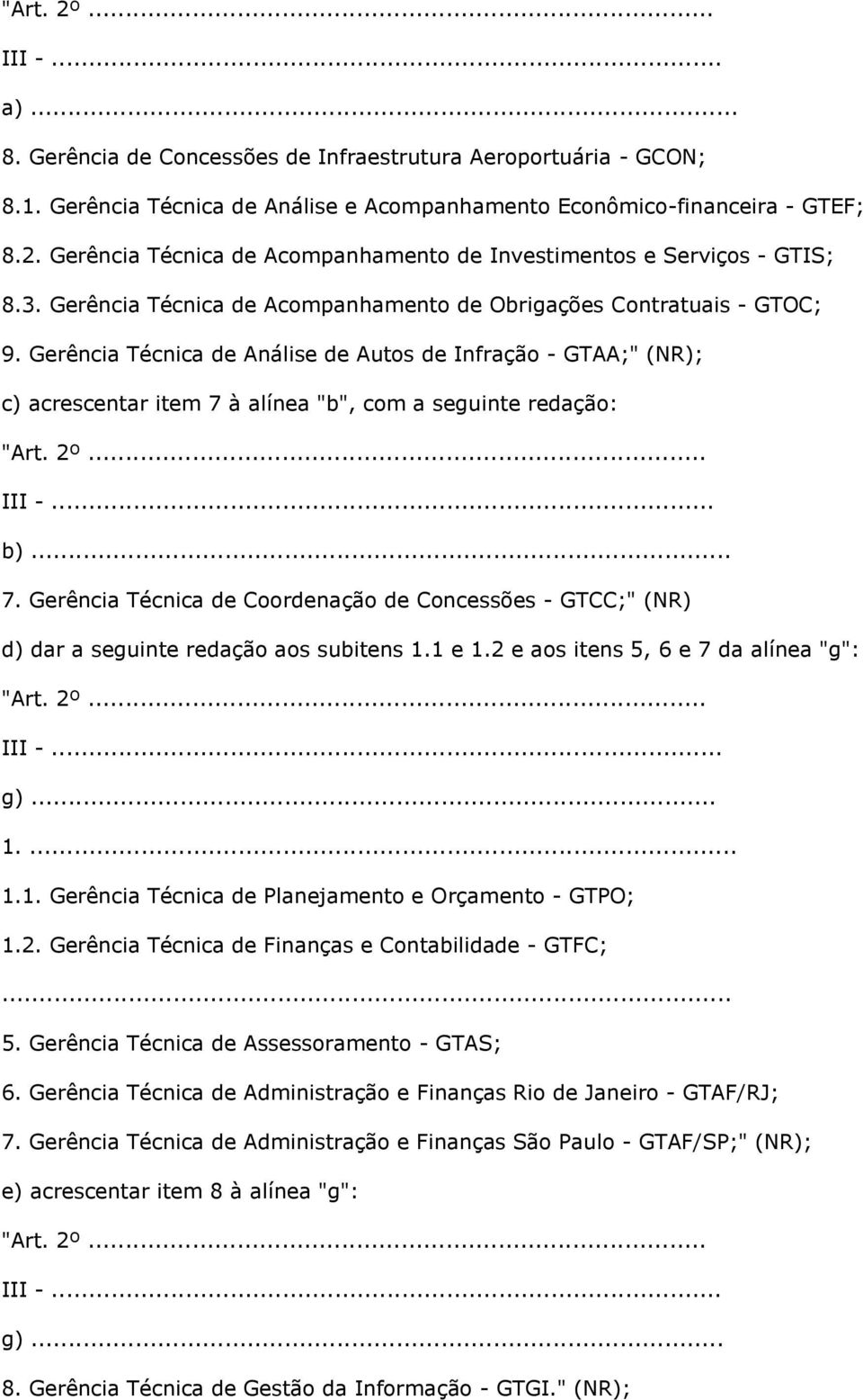 Gerência Técnica de Análise de Autos de Infração - GTAA;" (NR); c) acrescentar item 7 à alínea "b", com a seguinte redação: "Art. 2º... III -... b)... 7. Gerência Técnica de Coordenação de Concessões - GTCC;" (NR) d) dar a seguinte redação aos subitens 1.