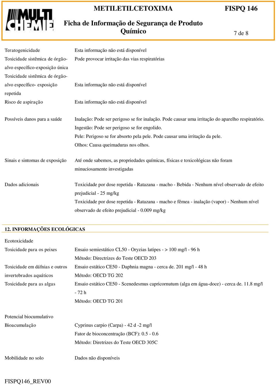 inalação. Pode causar uma irritação do aparelho respiratório. Ingestão: Pode ser perigoso se for engolido. Pele: Perigoso se for absorto pela pele. Pode causar uma irritação da pele.