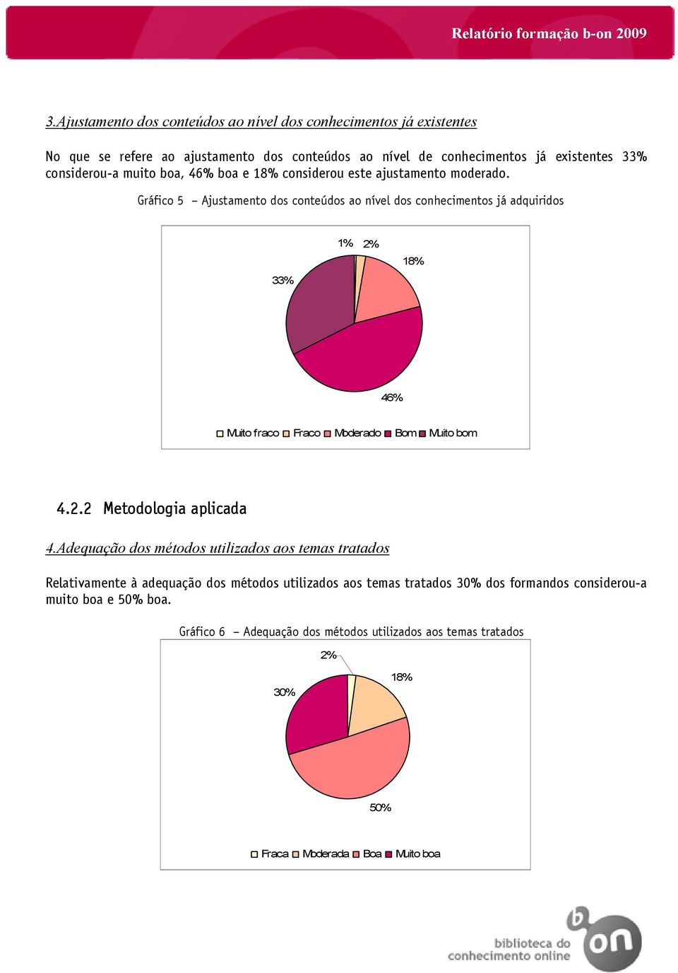 Gráfico 5 Ajustamento dos conteúdos ao nível dos conhecimentos já adquiridos 33% 1% 2% 18% 46% Muito fraco Fraco Moderado Bom Muito bom 4.2.2 Metodologia aplicada 4.