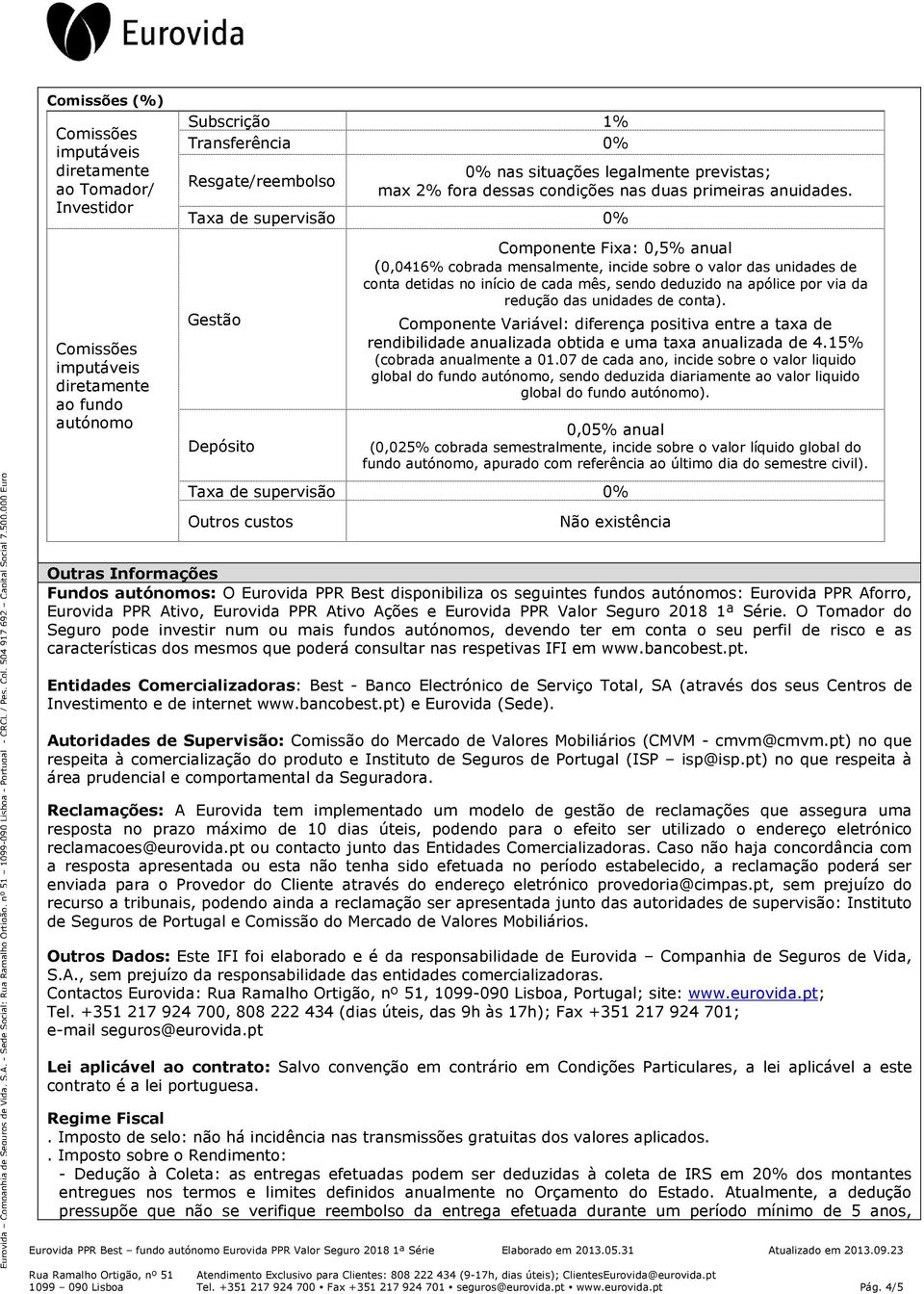 000 Euro Comissões imputáveis diretamente ao fundo autónomo Gestão Depósito Componente Fixa: 0,5% anual (0,0416% cobrada mensalmente, incide sobre o valor das unidades de conta detidas no início de