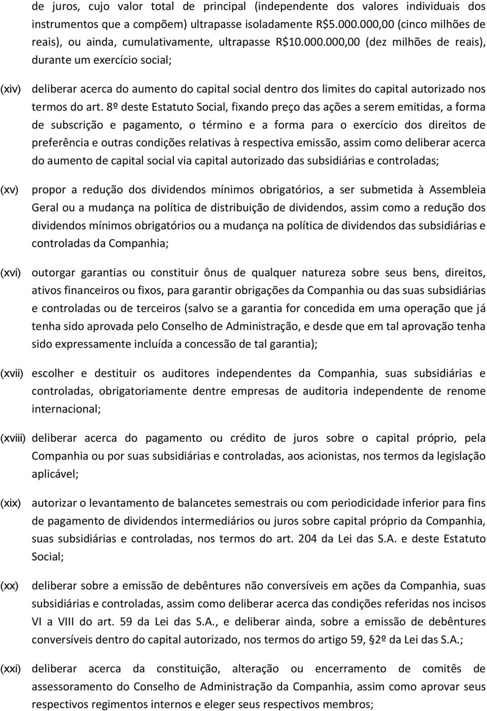 8º deste Estatuto Social, fixando preço das ações a serem emitidas, a forma de subscrição e pagamento, o término e a forma para o exercício dos direitos de preferência e outras condições relativas à