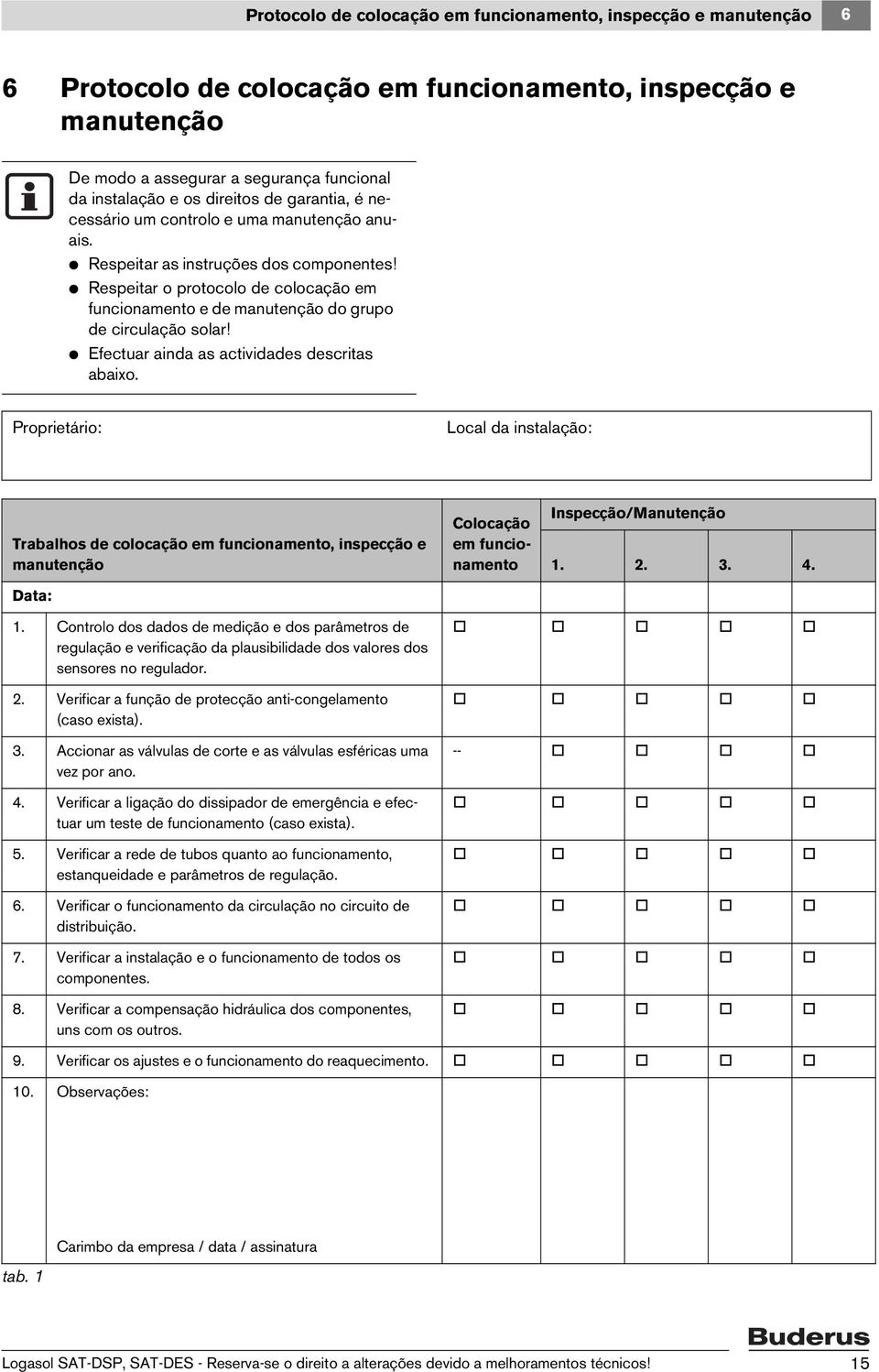 V Respeitar o protocolo de colocação em funcionamento e de manutenção do grupo de circulação solar! V Efectuar ainda as actividades descritas abaixo.