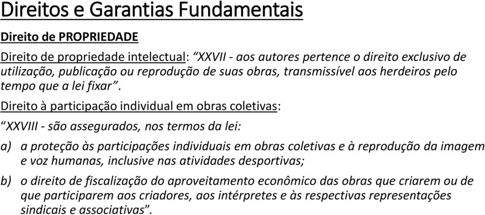 Direito à participação individual em obras coletivas: XXVIII - são assegurados, nos termos da lei: a) a proteção às participações individuais em obras coletivas