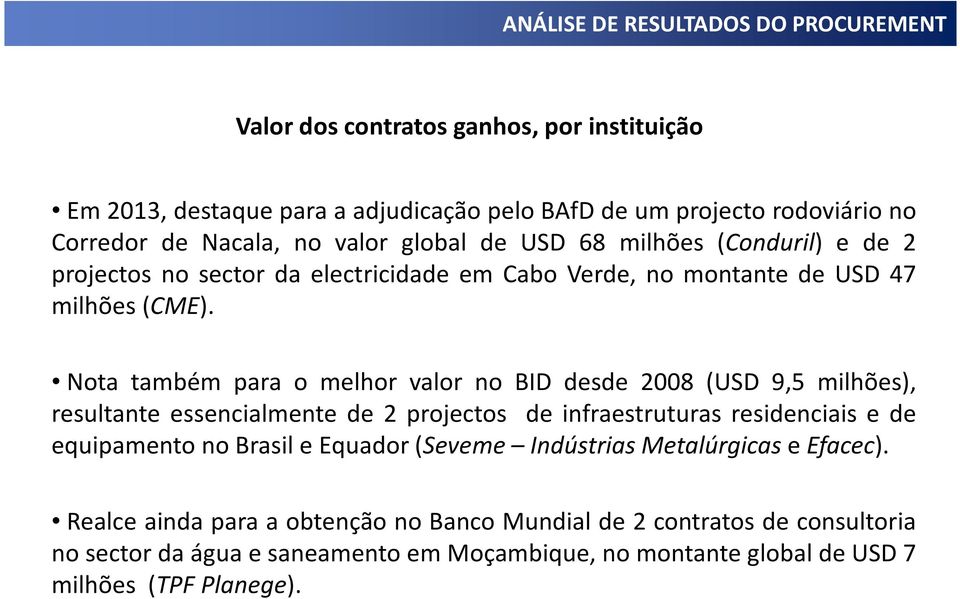 Nota também para o melhor valor no BID desde 08 (USD 9,5 milhões), resultante essencialmente de 2 projectos de infraestruturas residenciais e de equipamento no Brasil