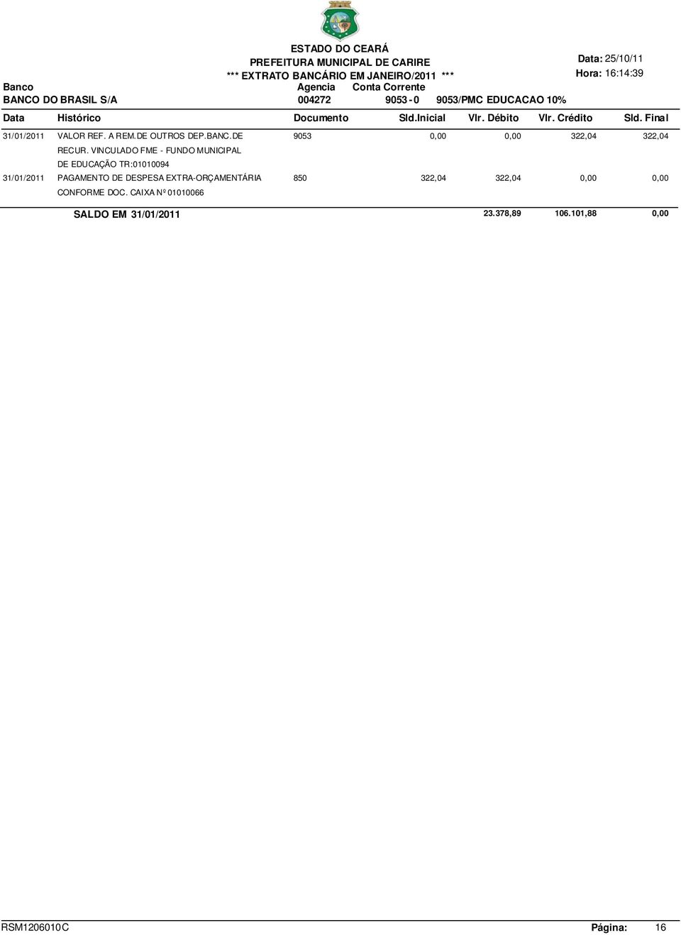 VINCULADO FME - FUNDO MUNICIPAL DE EDUCAÇÃO TR:01010094 31/01/2011 PAGAMENTO DE DESPESA