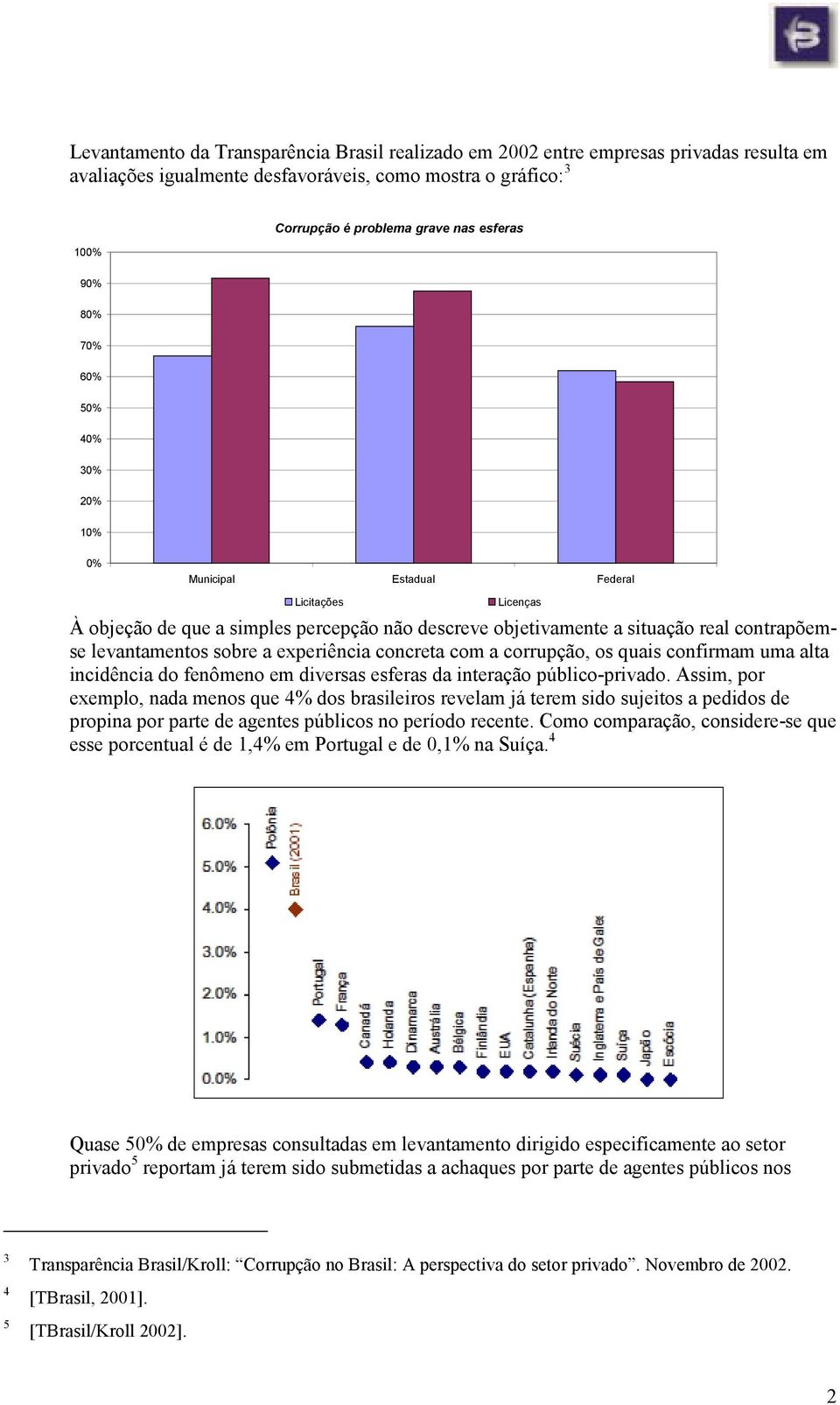 experiência concreta com a corrupção, os quais confirmam uma alta incidência do fenômeno em diversas esferas da interação público-privado.