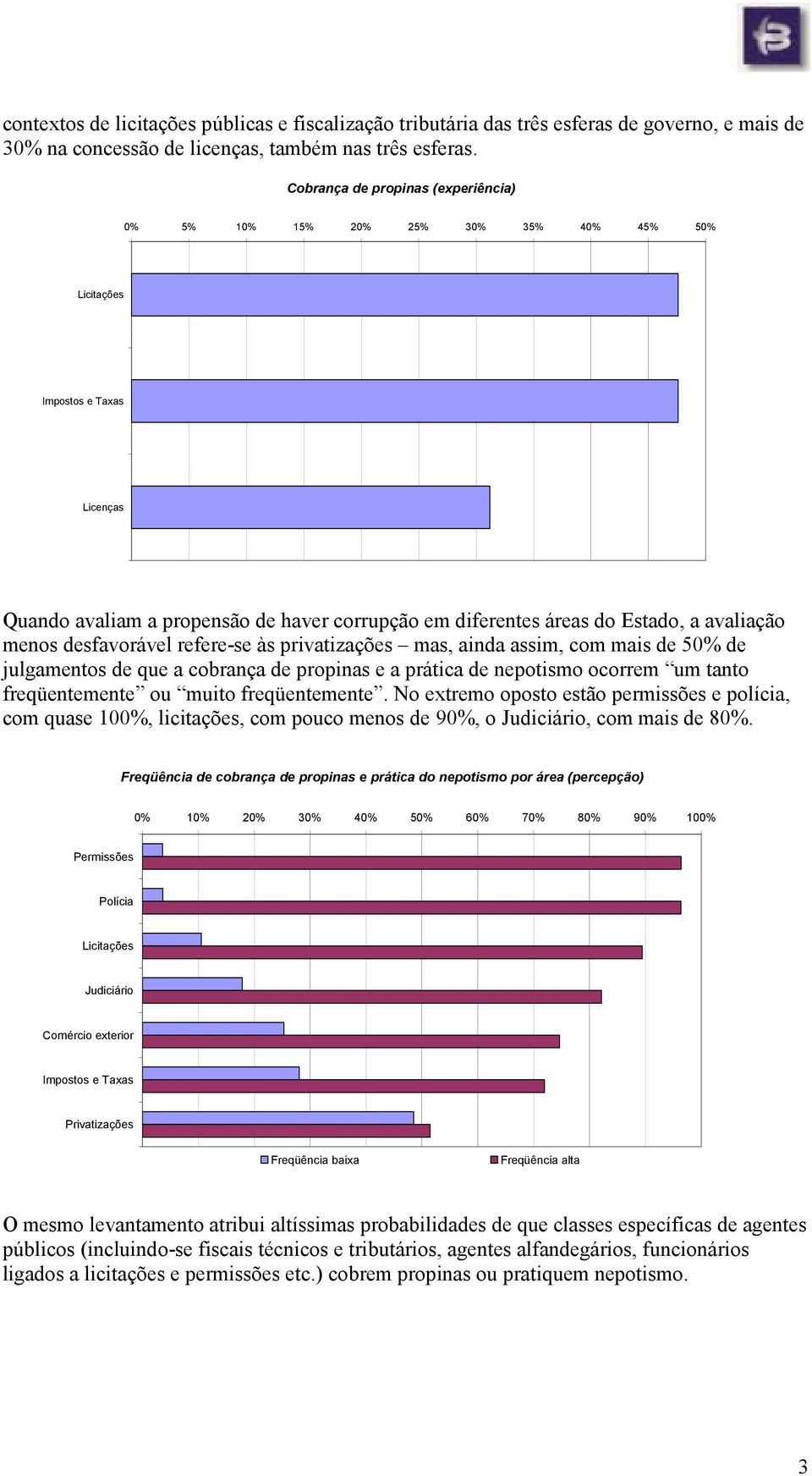 avaliação menos desfavorável refere-se às privatizações mas, ainda assim, com mais de 50% de julgamentos de que a cobrança de propinas e a prática de nepotismo ocorrem um tanto freqüentemente ou