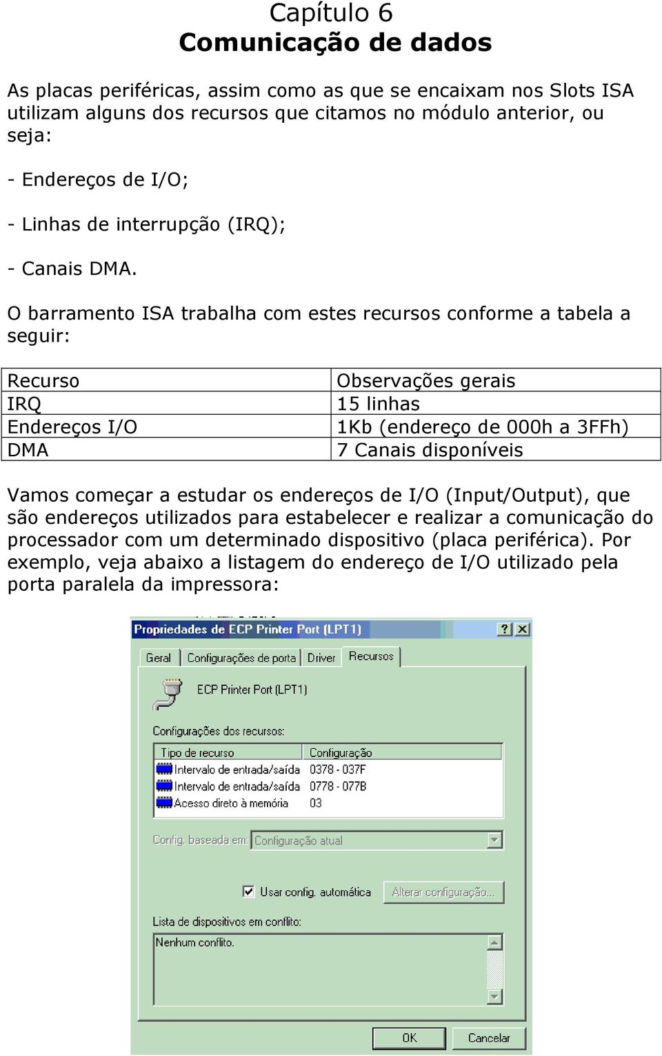 O barramento ISA trabalha com estes recursos conforme a tabela a seguir: Recurso IRQ Endereços I/O DMA Observações gerais 15 linhas 1Kb (endereço de 000h a 3FFh) 7 Canais