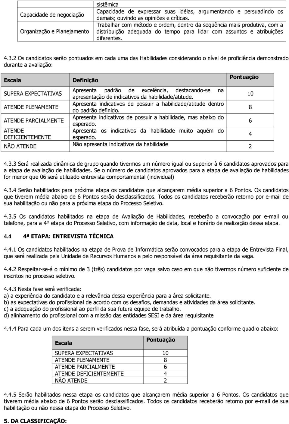 2 Os candidatos serão pontuados em cada uma das Habilidades considerando o nível de proficiência demonstrado durante a avaliação: Escala SUPERA EXPECTATIVAS ATENDE PLENAMENTE ATENDE PARCIALMENTE