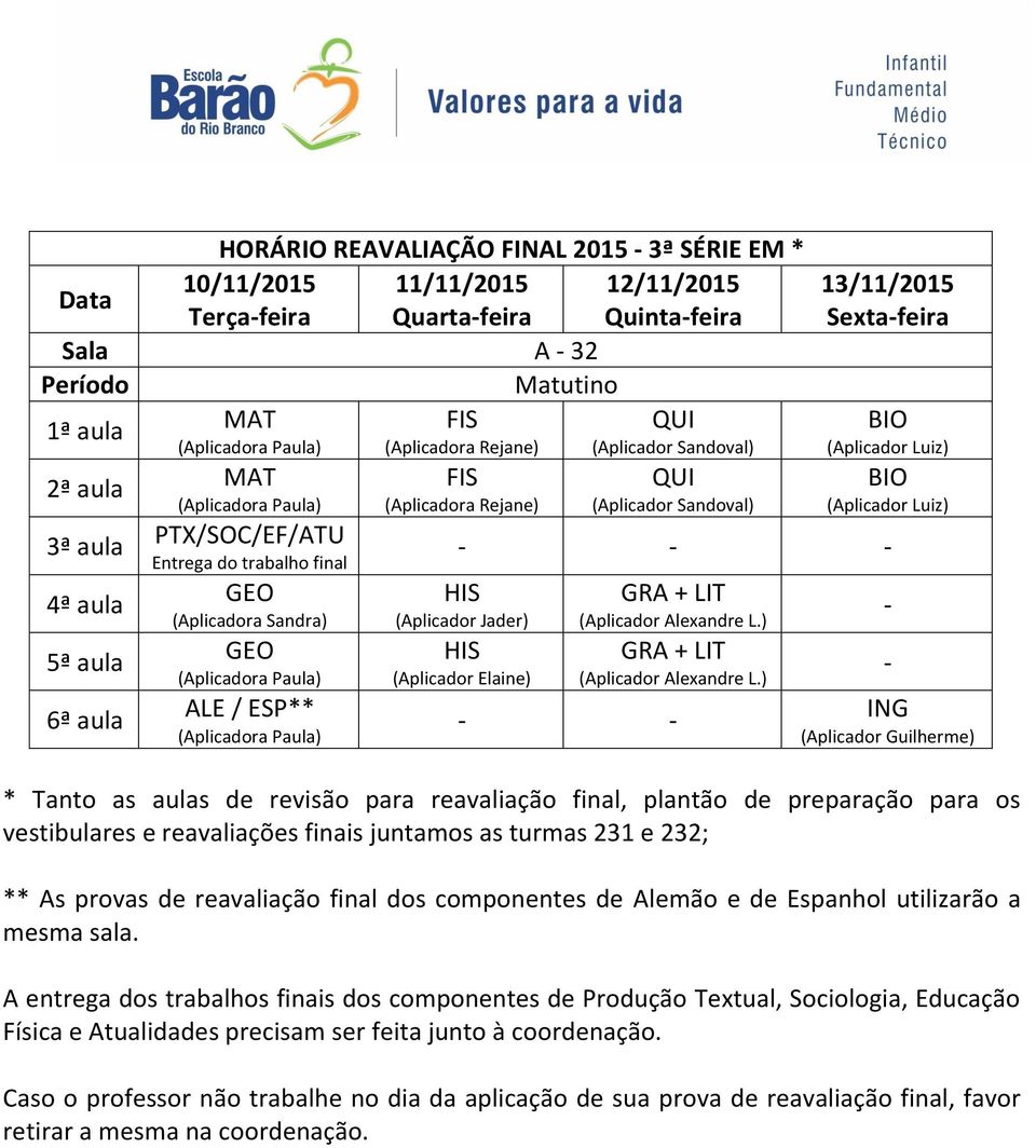 ) + (Aplicador Alexandre L.) (Aplicador Guilherme) ** As provas de reavaliação final dos componentes de Alemão e de Espanhol utilizarão a mesma sala.