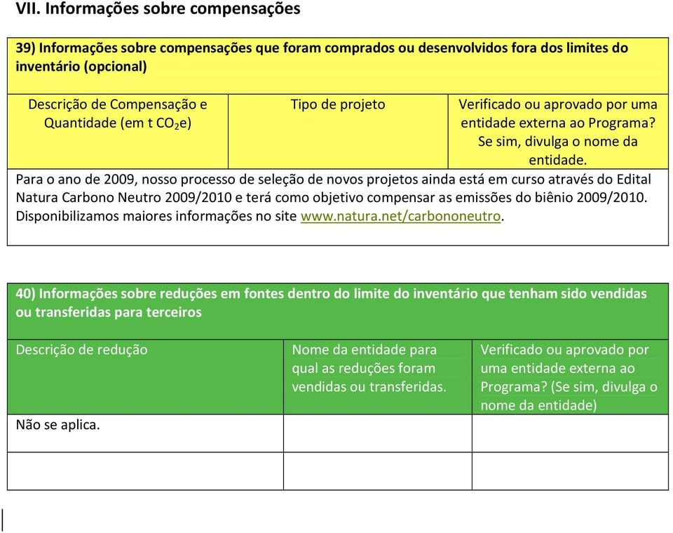 Para o ano de 2009, nosso processo de seleção de novos projetos ainda está em curso através do Edital Carbono Neutro 2009/2010 e terá como objetivo compensar as emissões do biênio 2009/2010.