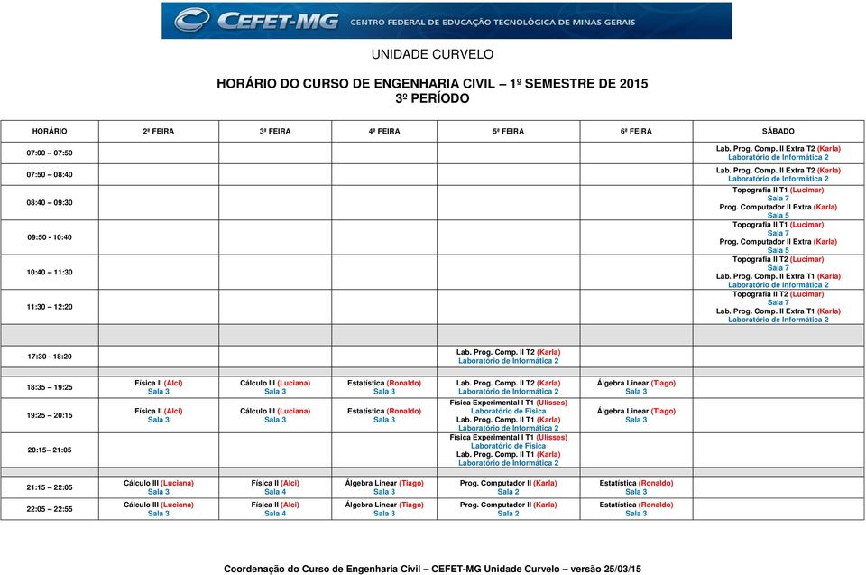 Prog. Comp. II Extra T1 (Karla) Lab. Prog. Comp. II T2 (Karla) Lab. Prog. Comp. II T2 (Karla) Física Experimental I T1 (Ulisses) Lab. Prog. Comp. II T1 (Karla) Física Experimental I T1 (Ulisses) Lab.