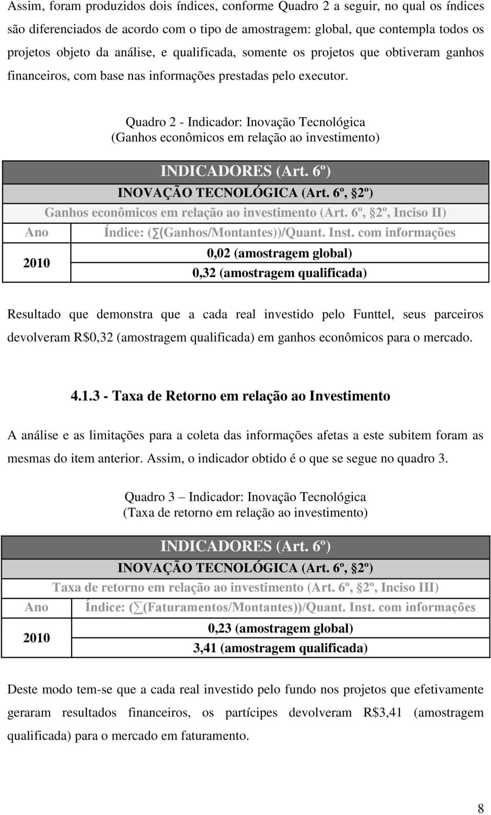 Ano 2010 Quadro 2 - Indicador: Inovação Tecnológica (Ganhos econômicos em relação ao investimento) INDICADORES (Art. 6º) INOVAÇÃO TECNOLÓGICA (Art.