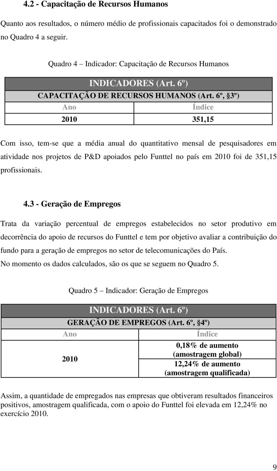 6º, 3º) Ano Índice 2010 351,15 Com isso, tem-se que a média anual do quantitativo mensal de pesquisadores em atividade nos projetos de P&D apoiados pelo Funttel no país em 2010 foi de 351,15