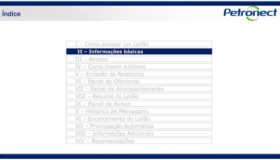 Acompanhamento VIII Resumo do Leilão IX Painel de Avisos X Histórico de Mensagens